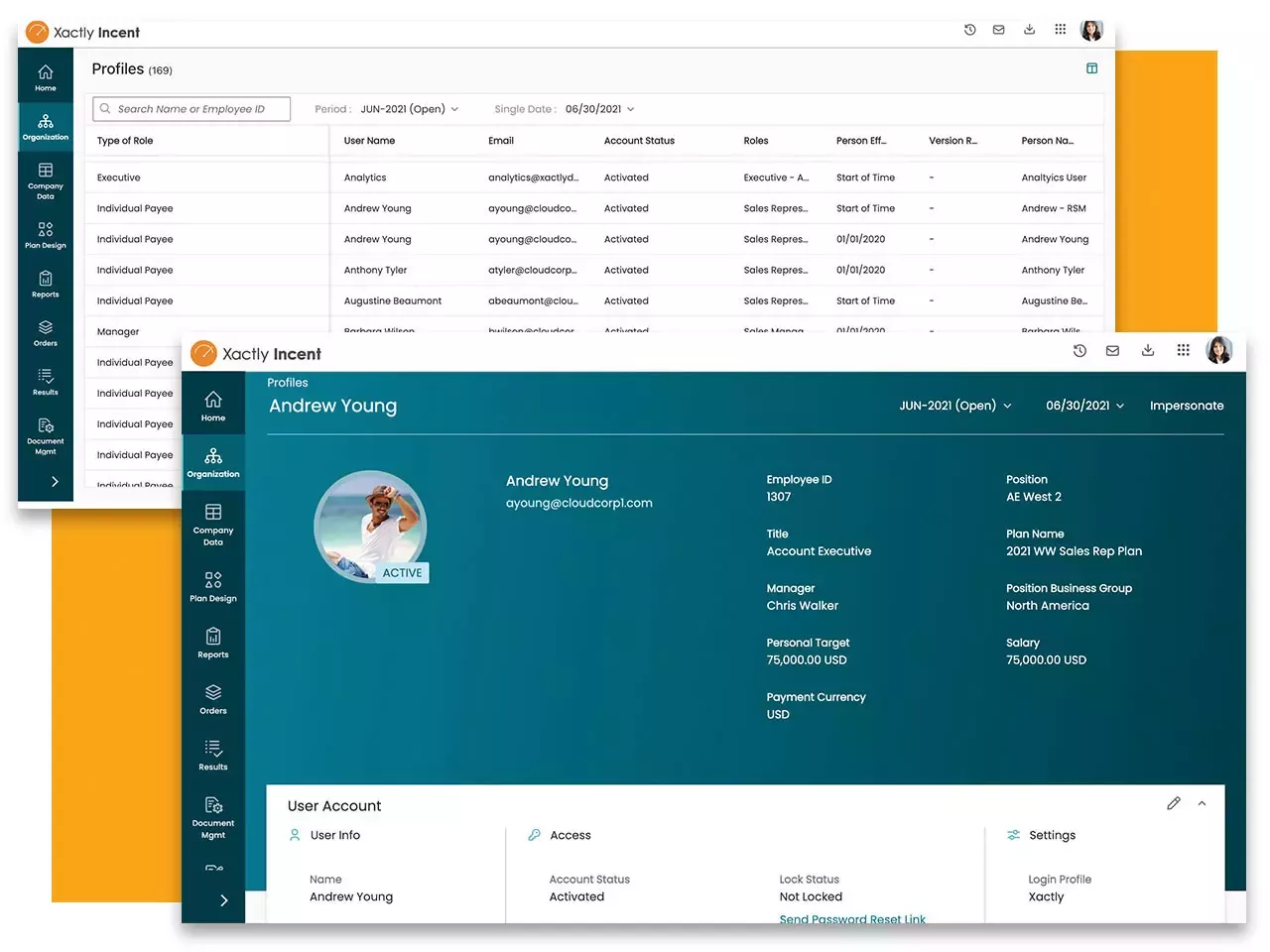 Xactly Incent profiles list view and profile drilldown view