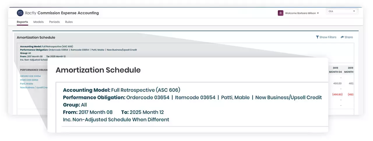 Xactly Commission Expense Accounting amortization schedule and drilldown