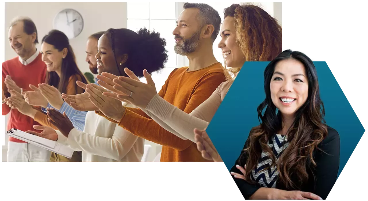 Headshot of Megan Ackerson, Chief Human Resource Officer, set over a blue hexagon and a group of diverse people