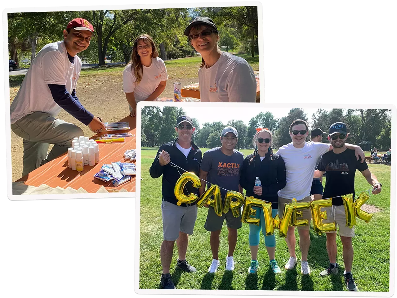 Stack of photos showing people volunteering in a park, and holding balloons that spell out Care Week