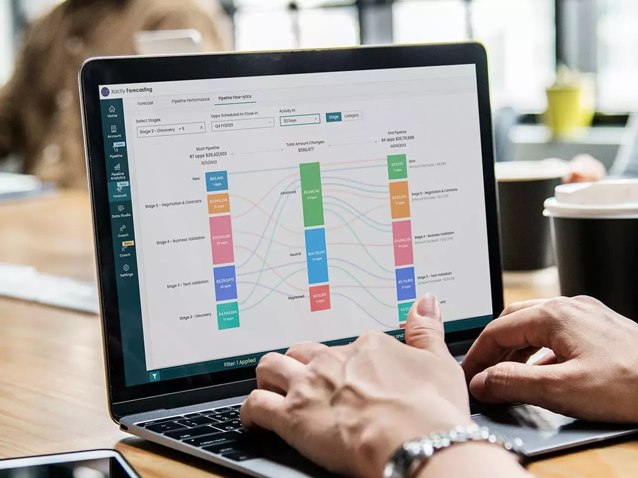 Xactly Forecasting on a laptop computer in an office conference room