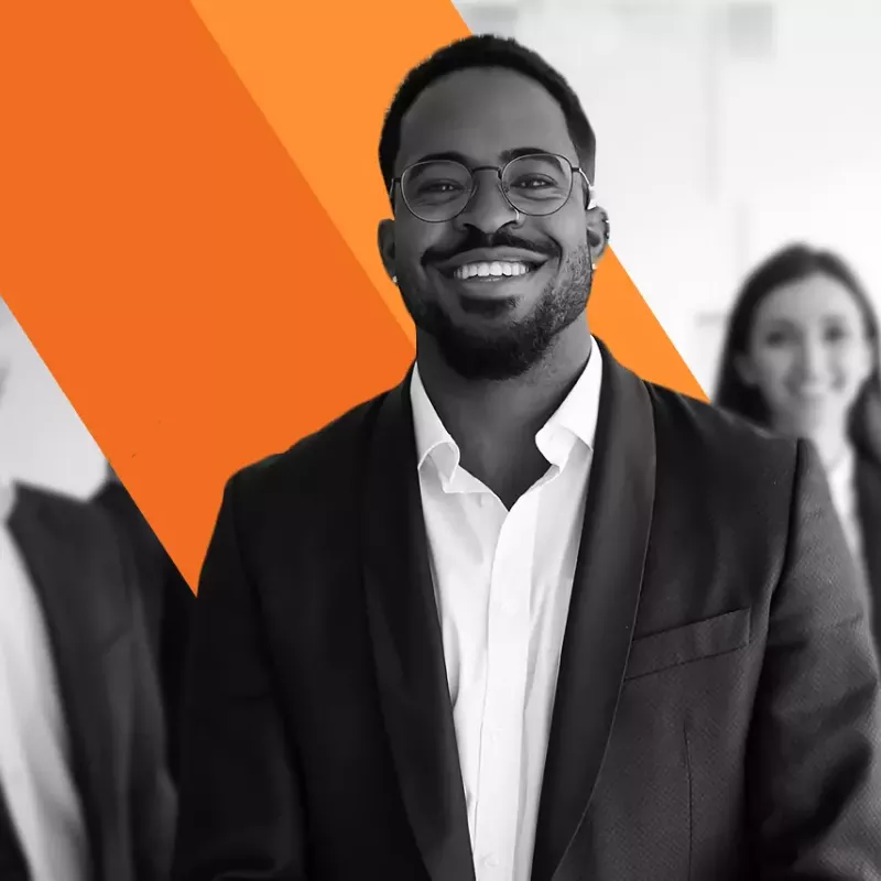 black and white business professionals looking forward and smiling at the camera blog header for Xactly