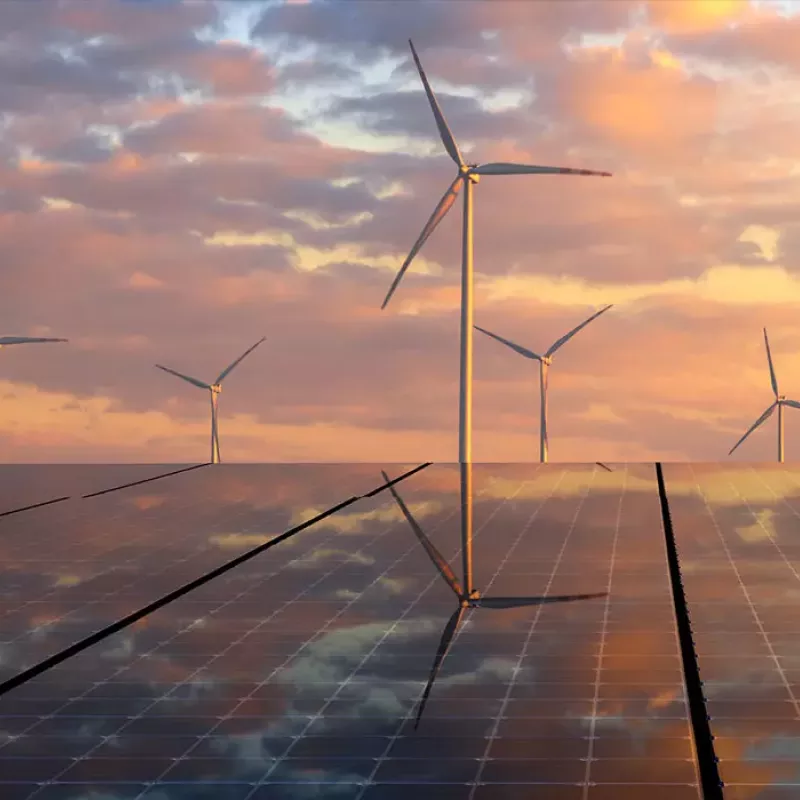 Solar panels and modern windmills during a sunset; Environmental Social Governance at Xactly