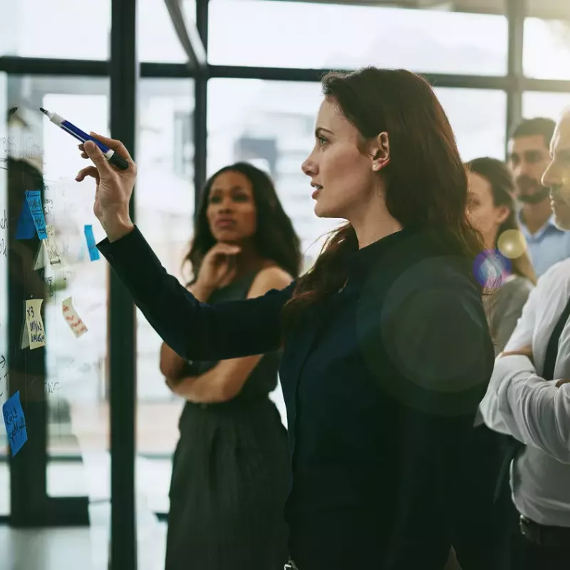 A business woman draws ideas on a glass wall as colleagues look on contemplatively.