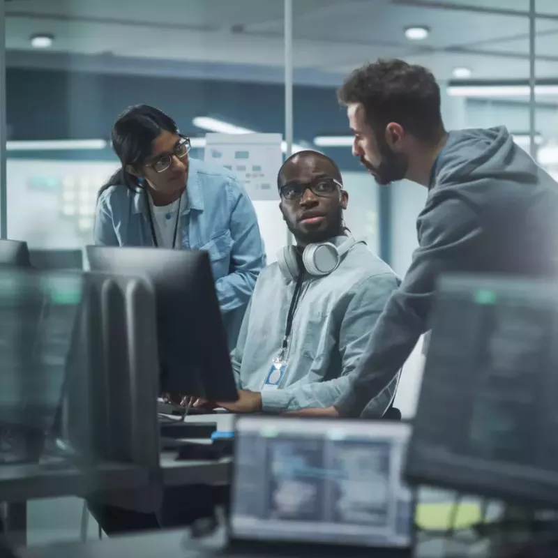 Three coders discuss software improvements in a room full of monitors displaying code.