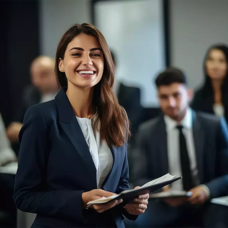 A professional woman happily holds a folder, wearing a business suit, radiating confidence.