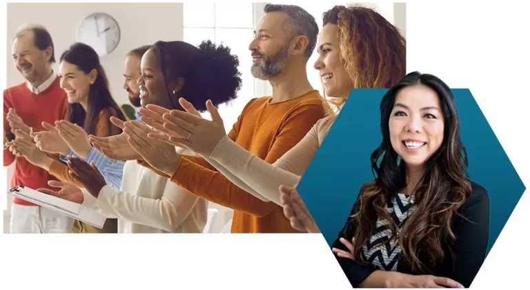 Headshot of Megan Ackerson, Chief Human Resource Officer, set over a blue hexagon and a group of diverse people