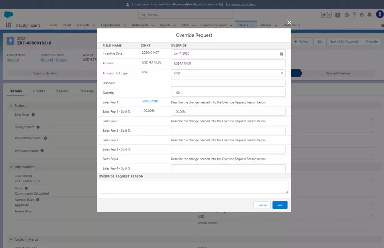 Xactly Incent-CRM Native override payout dispute