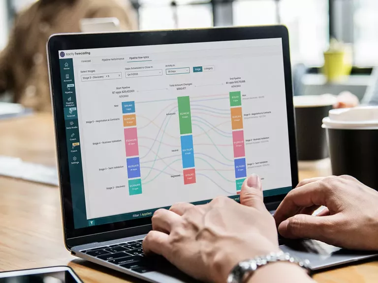 Xactly Forecasting on a laptop computer in an office conference room