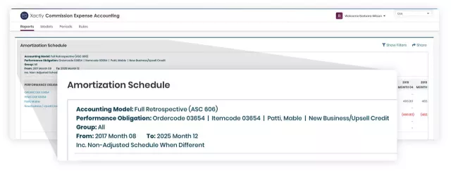 Xactly Commission Expense Accounting amortization schedule and drilldown