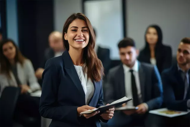 A professional woman happily holds a folder, wearing a business suit, radiating confidence.