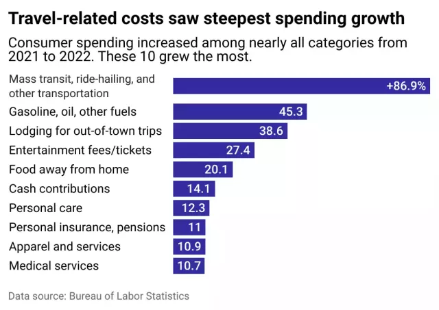A bar chart showing the annual increase in spending among 10 categories.