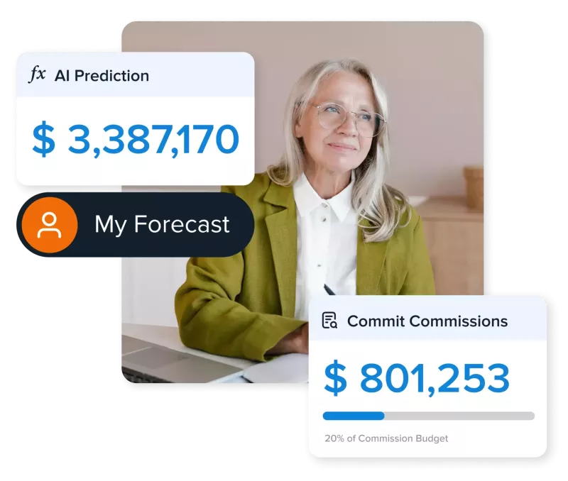 A woman in a green jacket sits at a desk with a computer; product graphics show AI Prediction, a My Forecast button, and Commit Commissions