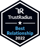 Black hexagonal logo reads "TrustRadius, Best Relationship, 2022".