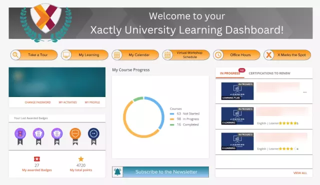 A snapshot of Xactly University's learning dashboard, providing a comprehensive overview of academic progress and course information.